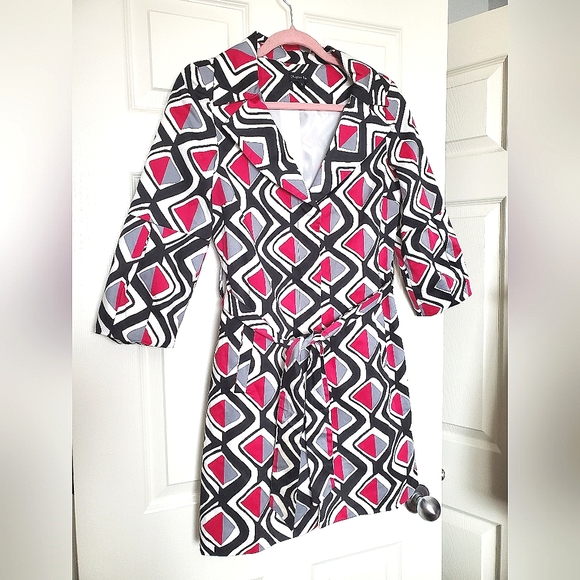 Chapter One printed belted jacket cotton 3/4 sleeve black white pink 4 xs small - Picture 2 of 12